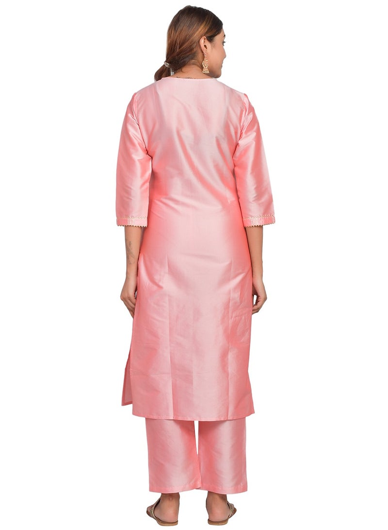 ريارا كورتي نسائي خوخي مع بنطلون طقم 3/4 كم كورتا بانت طقم حرير فني (تفتا سادة) مقاس XXL  - Image 4