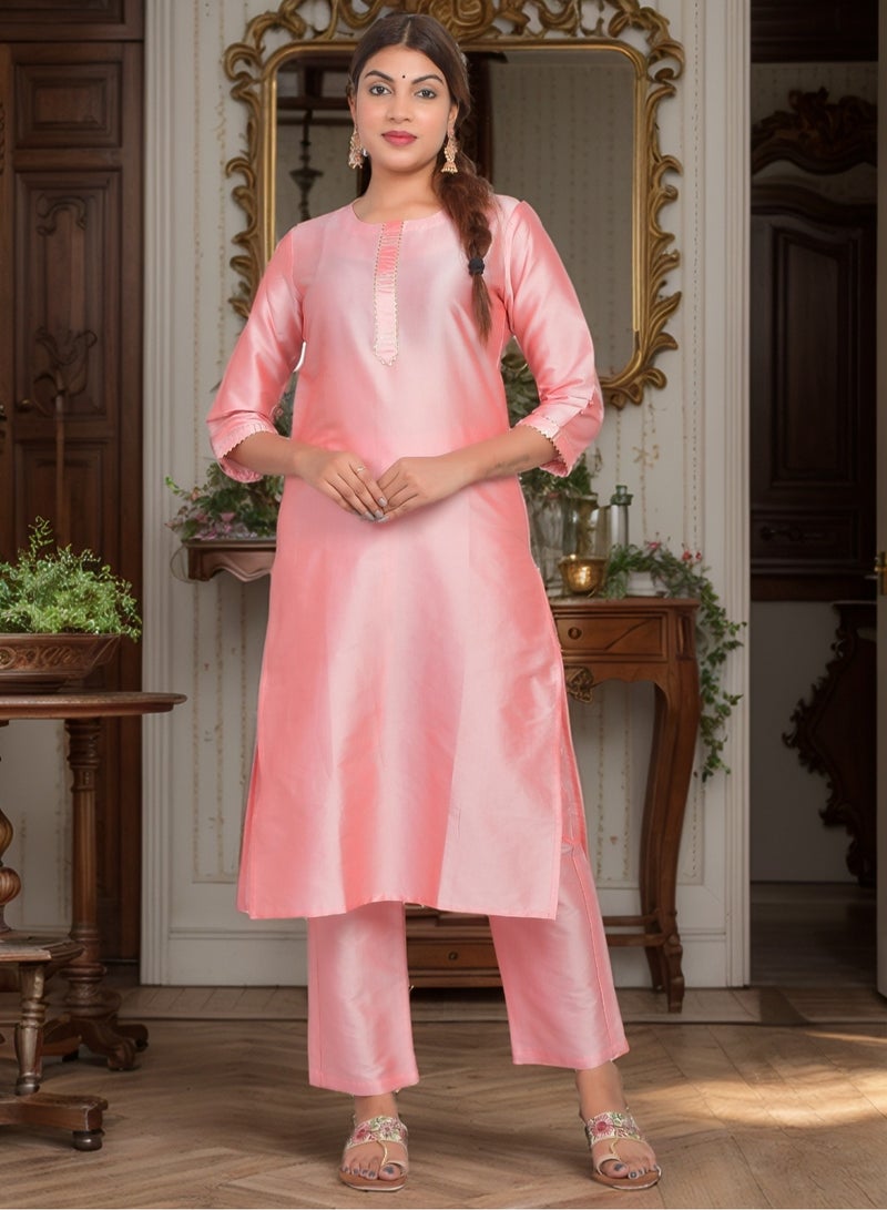 ريارا كورتي نسائي خوخي مع بنطلون طقم 3/4 كم كورتا بانت طقم حرير فني (تفتا سادة) مقاس XXL  - Image 1