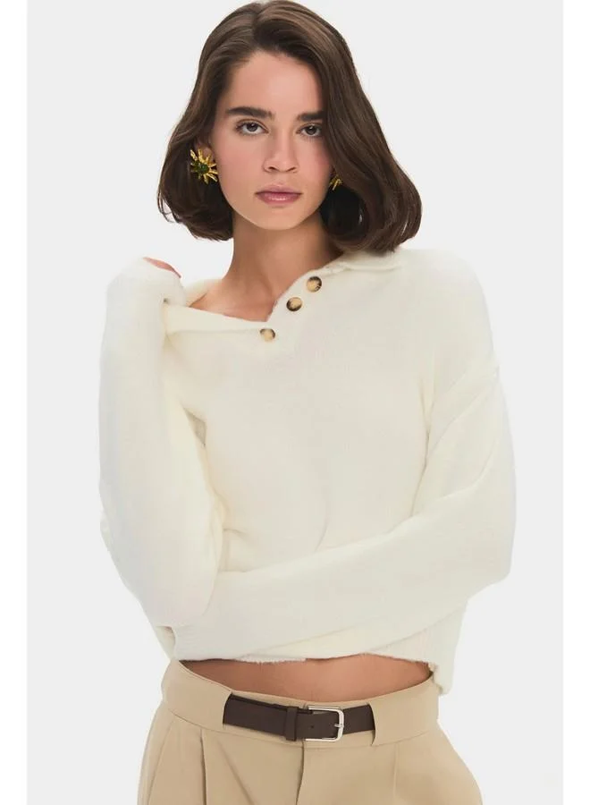 جون June Women Polo Neck Button Detailed Knitwear Sweater Ecru