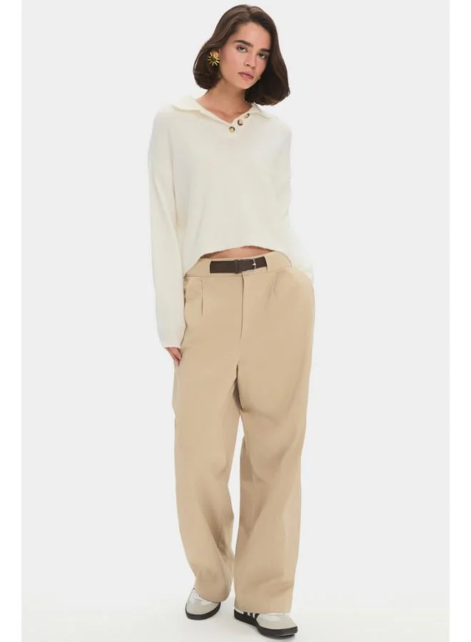 جون June Women Polo Neck Button Detailed Knitwear Sweater Ecru