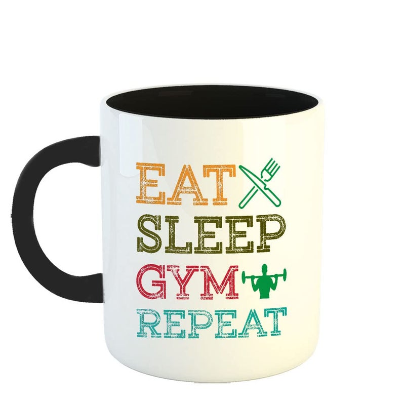 Happu Happu Printed Ceramic Coffee Mug Eat Sleep Gym Repeat Gift for Gym Lovers Gym Trainers Gym Sir Gym BoysGirls Fitness Enthusiast 325 ML11Oz 4995BK  - Image 1