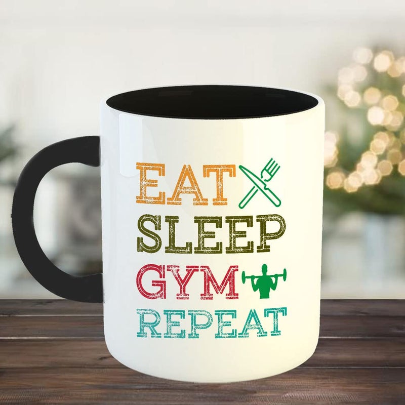 Happu Happu Printed Ceramic Coffee Mug Eat Sleep Gym Repeat Gift for Gym Lovers Gym Trainers Gym Sir Gym BoysGirls Fitness Enthusiast 325 ML11Oz 4995BK  - Image 2