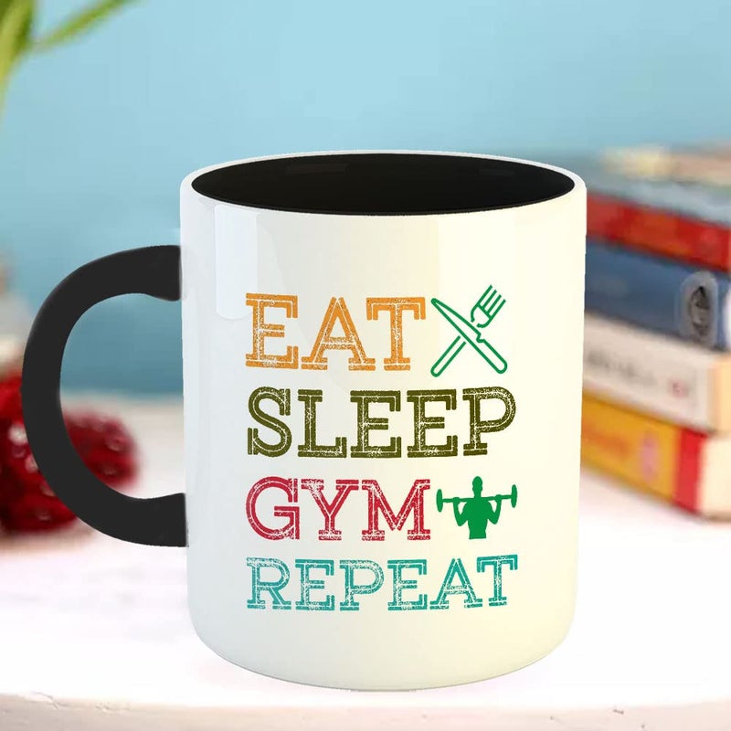 Happu Happu Printed Ceramic Coffee Mug Eat Sleep Gym Repeat Gift for Gym Lovers Gym Trainers Gym Sir Gym BoysGirls Fitness Enthusiast 325 ML11Oz 4995BK  - Image 3