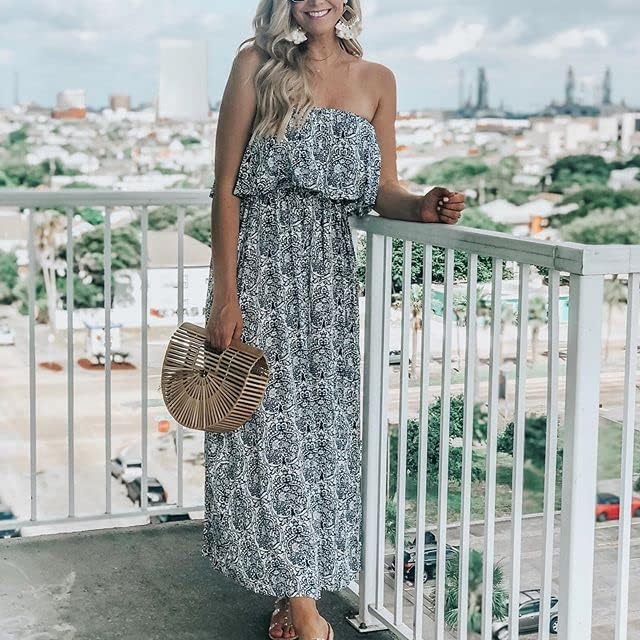 ZMPSIISA Women's Summer Off The Shoulder Maxi Dress Ruffle Strapless Blue White Porcelain Boho Casual Loose Long Dresses(A-Blue Porcelain,Small) - Image 5