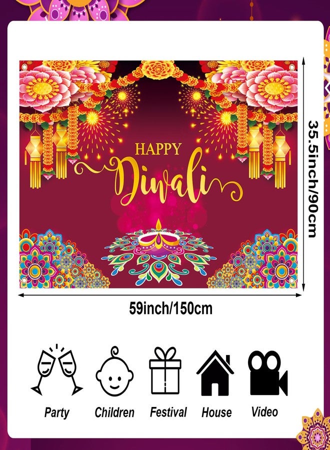 JULMELON Happy Diwali Backdrop Banner Decorations, 59x35.5 Inch Indian Diwali Backdrop Decorations for Home Wall Hanging,Diwali Photo Booth Props Background Banner Diyas Decor Supplies - Image 2