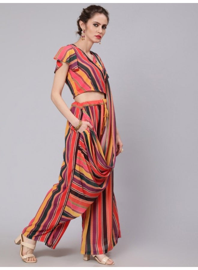 AKS Multicolore Printed Palazzo Saree With Blouse - Image 3