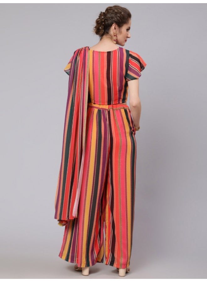 AKS Multicolore Printed Palazzo Saree With Blouse - Image 4