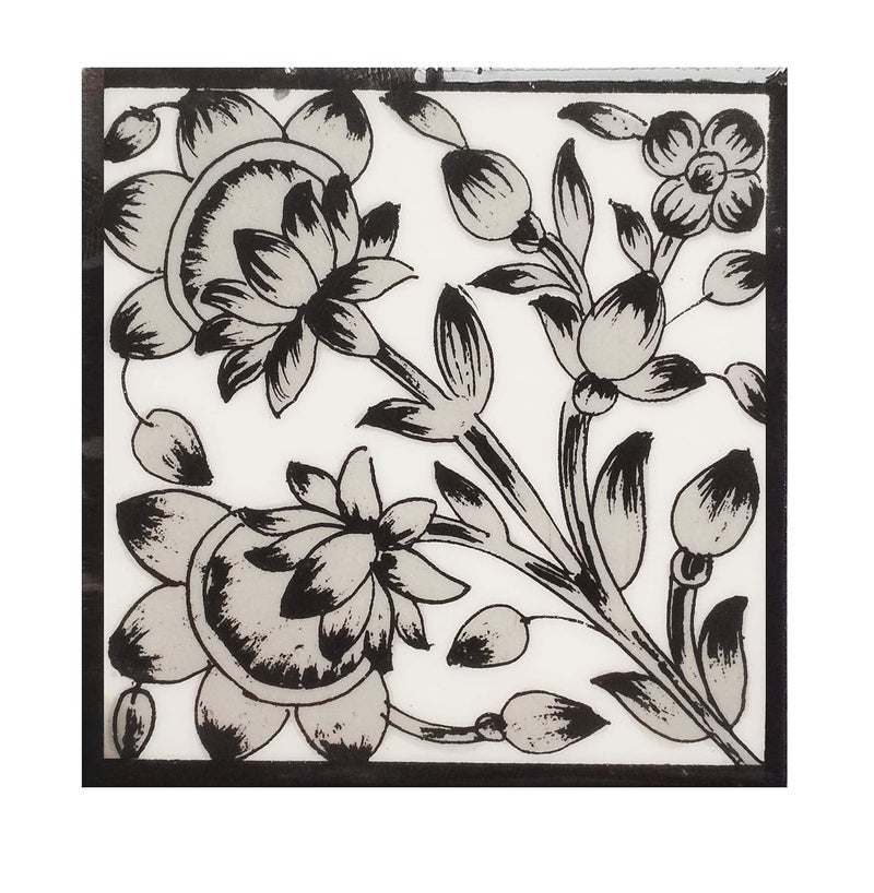 Shiv KRIPA Ceramic Art Pottery Floral Decorative Traditional Handcrafted Tile 6X6inch Black and White Pack of 6 Tiles Blue