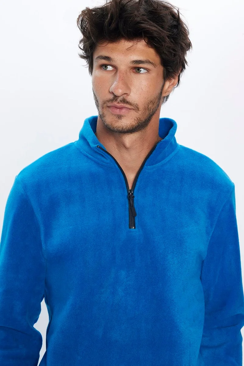 تودورس Men's Standard Fit Relaxed Cut Non-Pilling Cold Proof Sax Blue Stand Collar Polar Sweatshirt