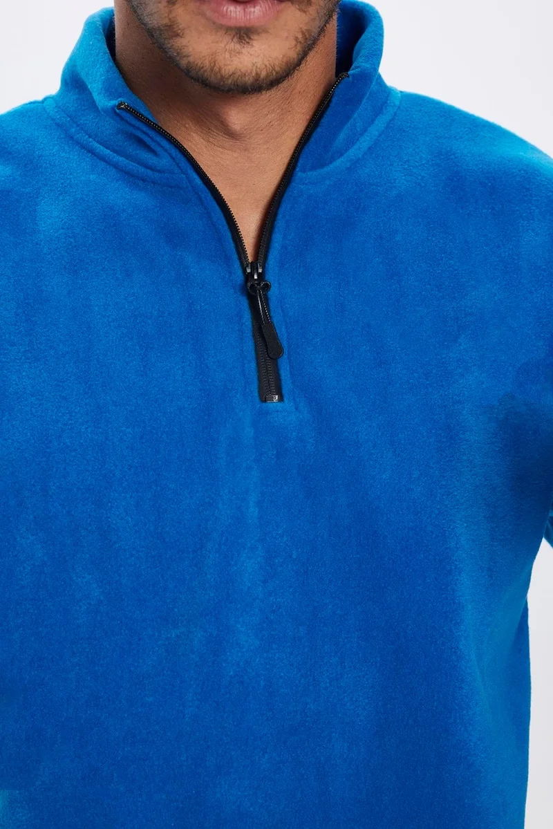 تودورس Men's Standard Fit Relaxed Cut Non-Pilling Cold Proof Sax Blue Stand Collar Polar Sweatshirt