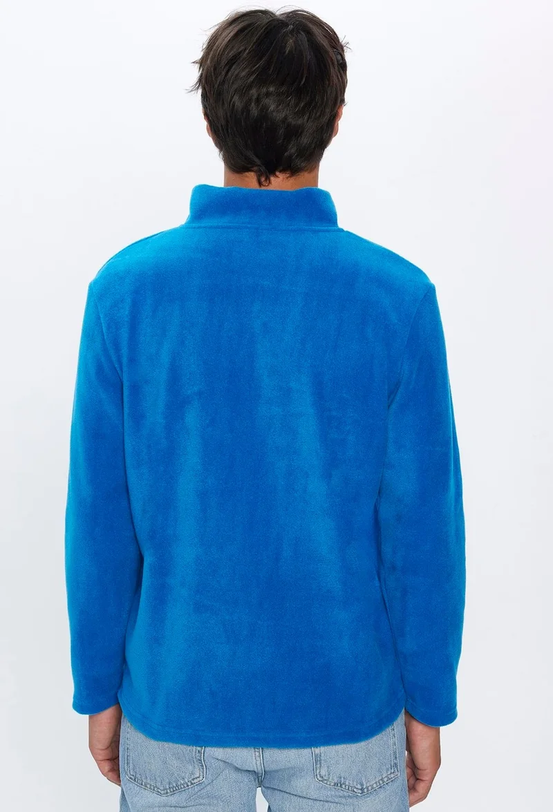 تودورس Men's Standard Fit Relaxed Cut Non-Pilling Cold Proof Sax Blue Stand Collar Polar Sweatshirt