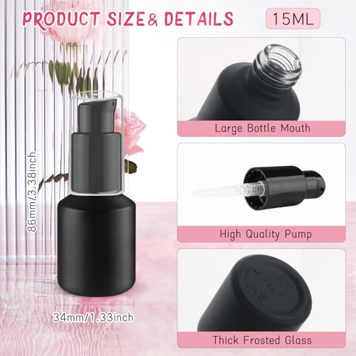 Wresty 6 Pcs Empty Glass Pump Bottles Refillable Cream Lotion Bottles Travel Sample Bottle Cosmetic Dispenser Bottle Containers For Lotion Cream Emulsion Essence (Black, 15ml/0.5oz) - Image 2