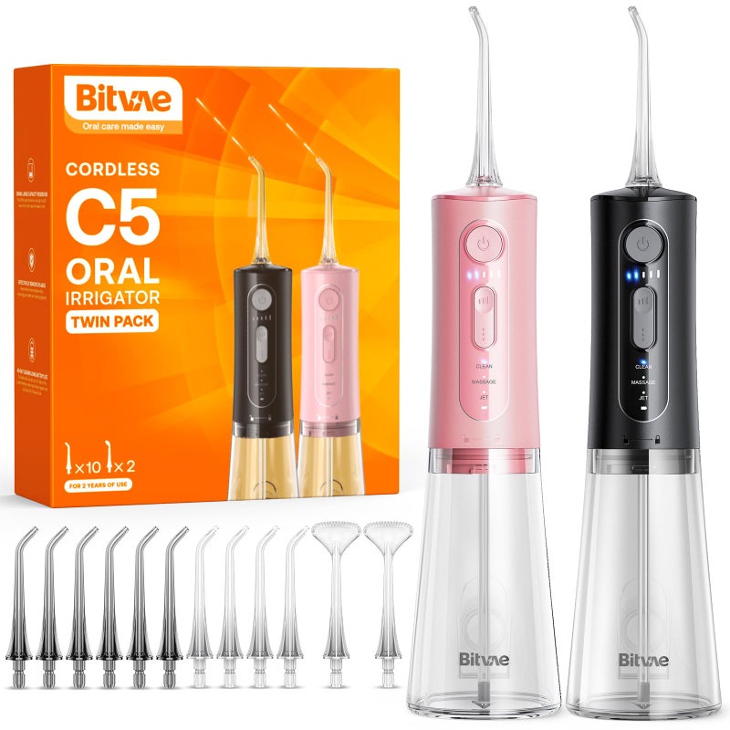 Bitvae Water Dental Flosser Teeth Pick Bitvae 2 Pack Portable Cordless Oral Irrigator 3 Modes 5 Intensities Rechargeable Water Dental Picks for Cleaning with 12 Tips Travel Irrigation Cleaner for Teeth