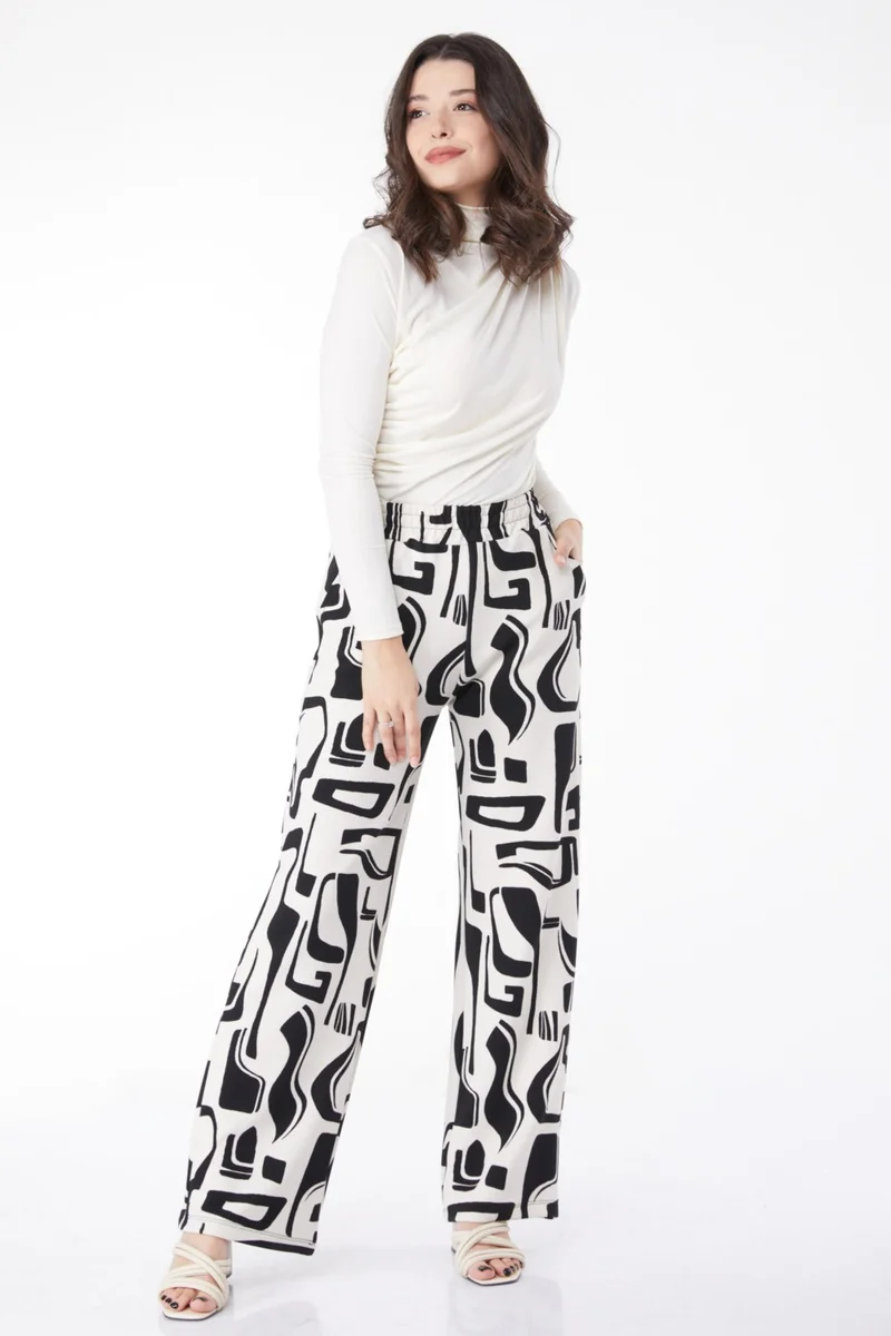 Tofisa Plain Cowl Collar Women's White Patterned Trousers - 25117