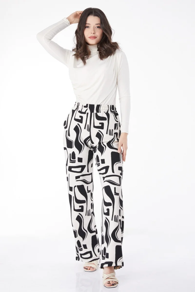 Tofisa Plain Cowl Collar Women's White Patterned Trousers - 25117