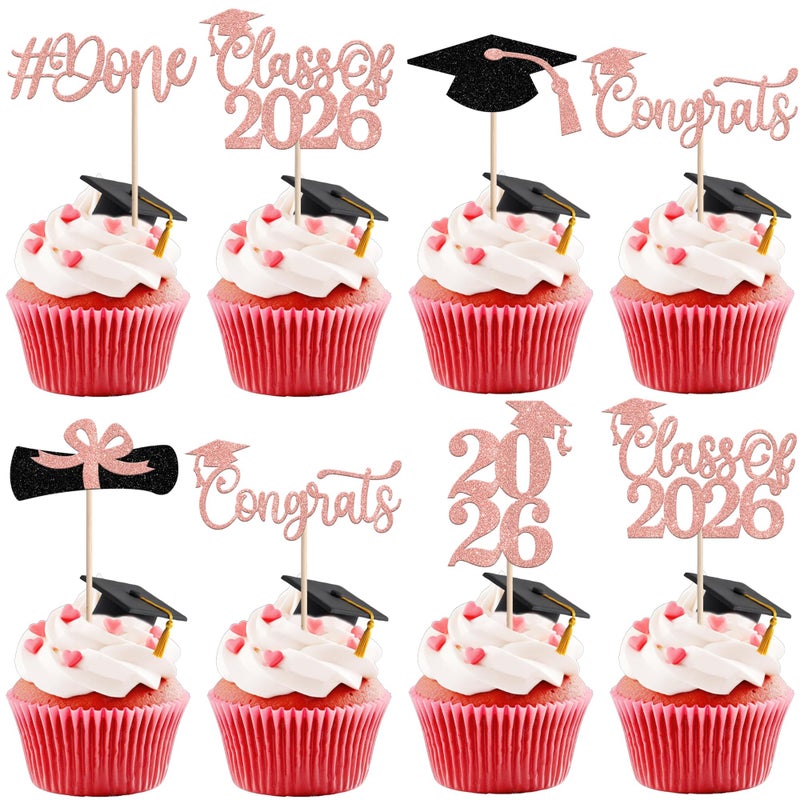Rsstarxi 24 Pack Congrats Grad Cupcake Toppers Glitter Diploma Done Cupcake Picks Class of 2026 Cake Decorations for 2026 Graduation Party Cake Decoration Supplies Rose Gold - Image 3