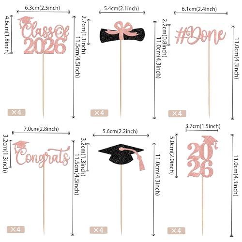 Rsstarxi 24 Pack Congrats Grad Cupcake Toppers Glitter Diploma Done Cupcake Picks Class of 2026 Cake Decorations for 2026 Graduation Party Cake Decoration Supplies Rose Gold - Image 5