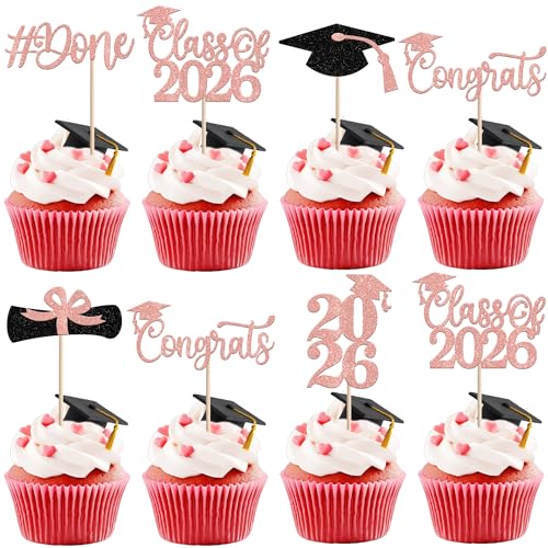 Rsstarxi 24 Pack Congrats Grad Cupcake Toppers Glitter Diploma Done Cupcake Picks Class of 2026 Cake Decorations for 2026 Graduation Party Cake Decoration Supplies Rose Gold - Image 1