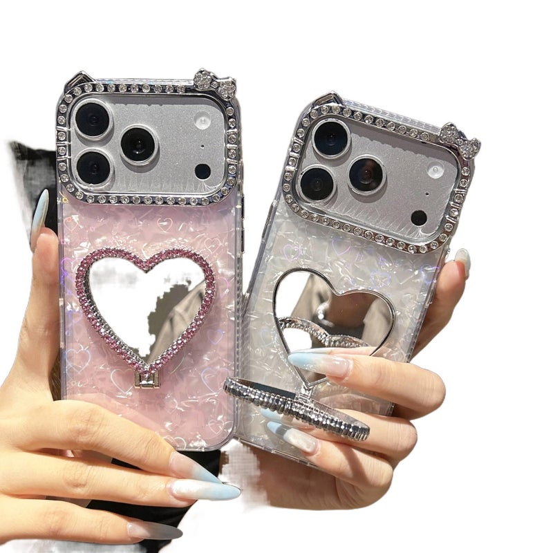 غطاء واقي بAcrylic لـ iPhone 16 / 16 Plus / 16 Pro / 16 Pro Max مع حماية من السقوط وحامل قائم مع مقاوم للصدمات مع حامل قائم مع مرآة مع مقاوم للخدش باللون وردي بوظيفة حامل من الأكر. - Image 2