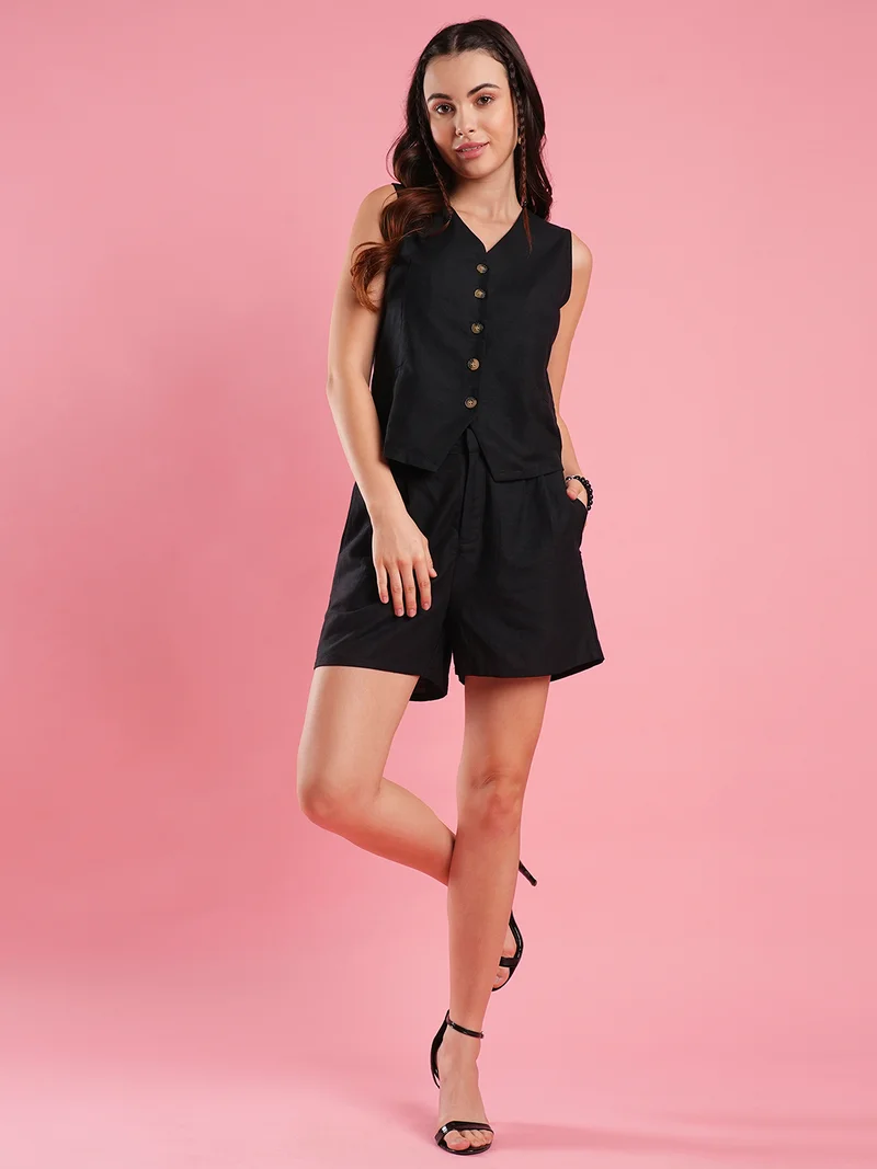 globus Women Black V-Neck Sleeveless Vest Top With Shorts