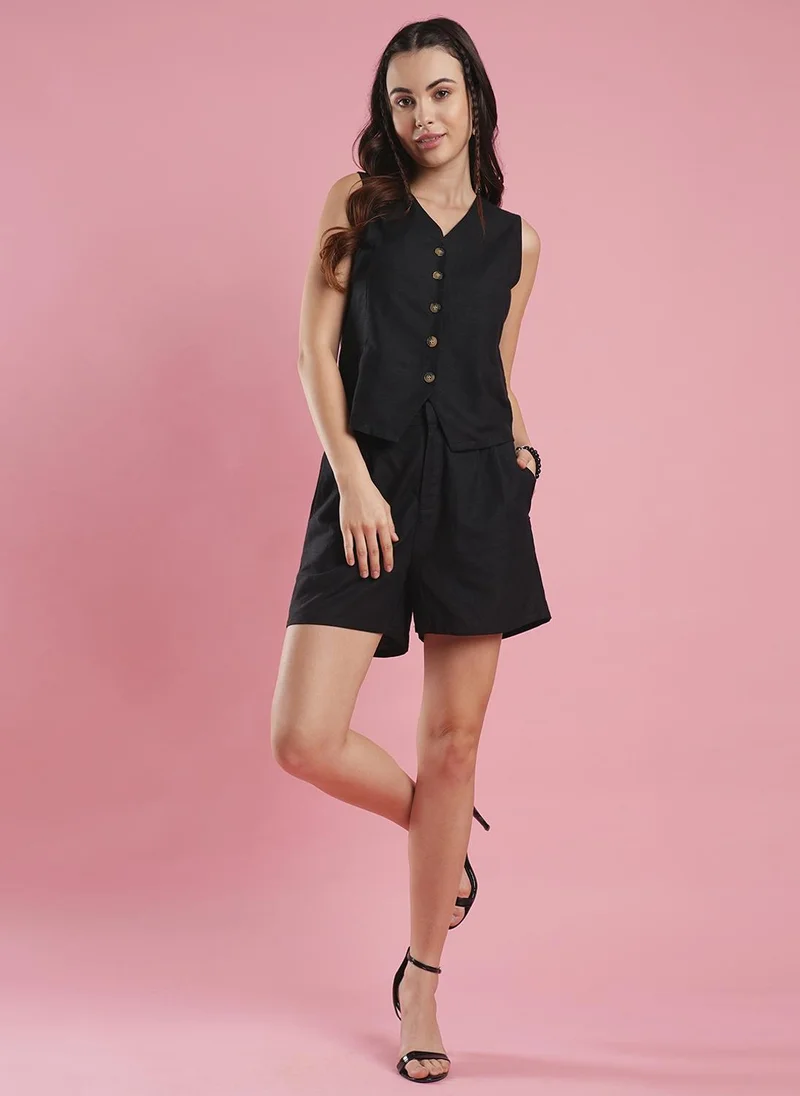 globus Globus Women Black V-Neck Sleeveless Vest Top With Shorts