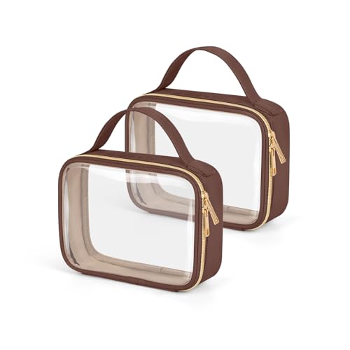Wedama TSA Approved Toiletry Bag, 2 Pack Clear Makeup Bags with Handles, Quart Size PVC Clear Cosmetic Bags for Women and Men, Carry on Airport Airline Compliant Bag, Brown - Image 1