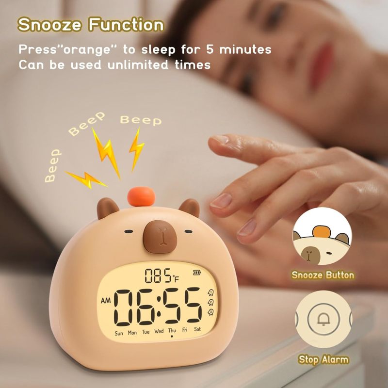 Wireless Alarm Clock 12*7.8*11.2cm Loud Beeps Kids Alarm Clock - Adjustable Warm Night Light Capybara Clock for Boys and Girls Bedroom Decor - Image 4