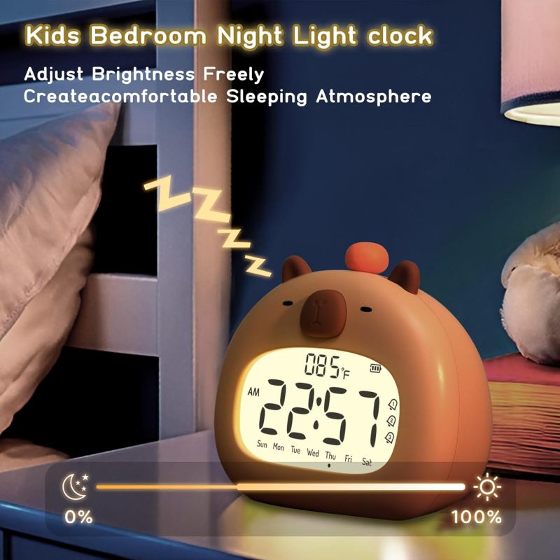 Wireless Alarm Clock 12*7.8*11.2cm Loud Beeps Kids Alarm Clock - Adjustable Warm Night Light Capybara Clock for Boys and Girls Bedroom Decor - Image 3