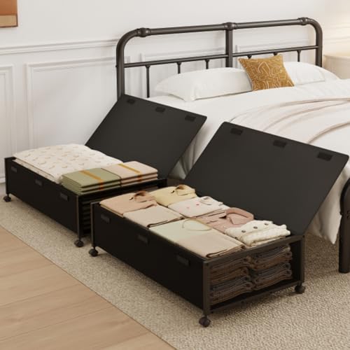 Fokyfok 2 Pack Under the Bed Storage Containers,10 inch Height Under Bed Shoe Storage,31inch Long Underbed Storage with Wheels,Large Rolling under bed Clothes Storage Drawers with Lid for Dorm Tall ,Black - Image 1