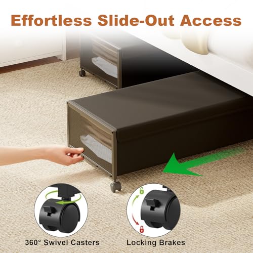 Fokyfok 2 Pack Under the Bed Storage Containers,10 inch Height Under Bed Shoe Storage,31inch Long Underbed Storage with Wheels,Large Rolling under bed Clothes Storage Drawers with Lid for Dorm Tall ,Black - Image 4