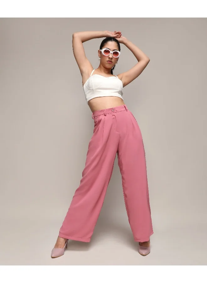 Campus Sutra Women's Salmon Pink Straight Fit Tailored Trousers