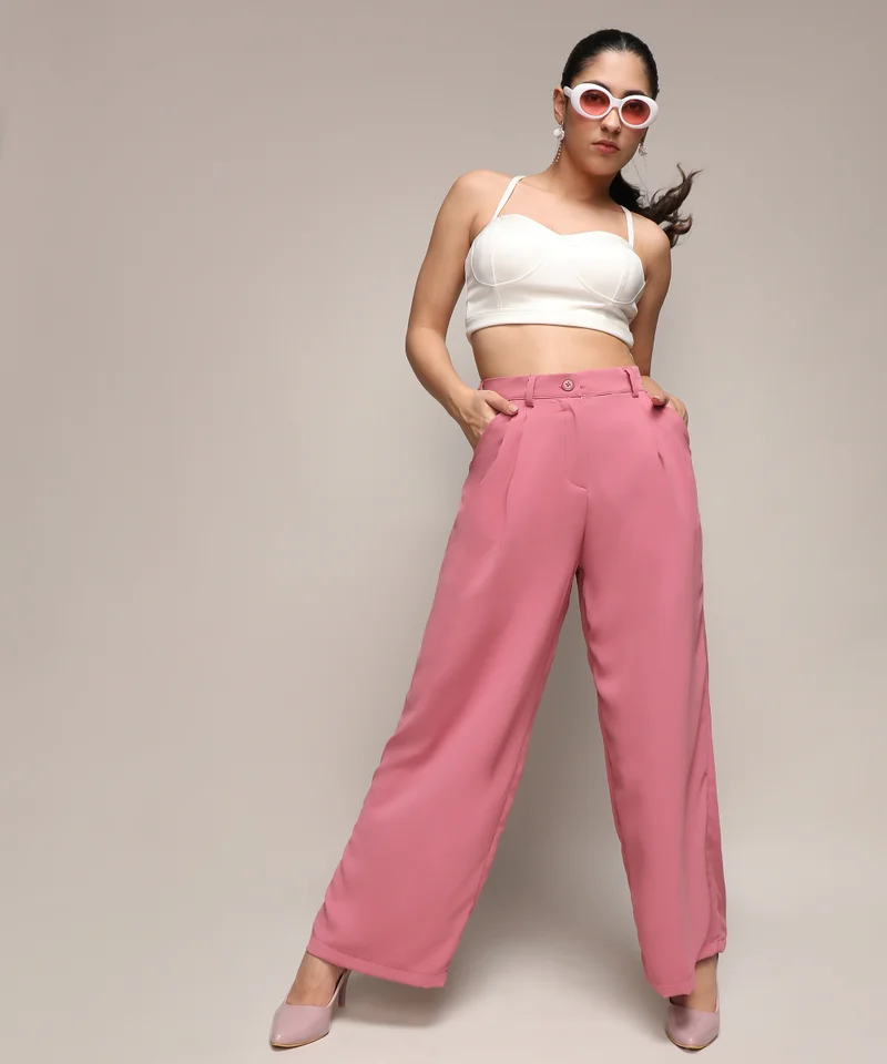Campus Sutra Women's Salmon Pink Straight Fit Tailored Trousers