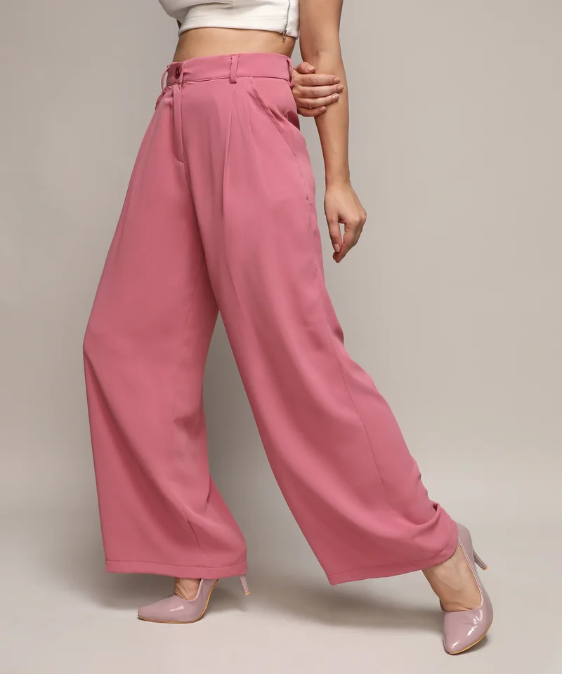 Campus Sutra Women's Salmon Pink Straight Fit Tailored Trousers