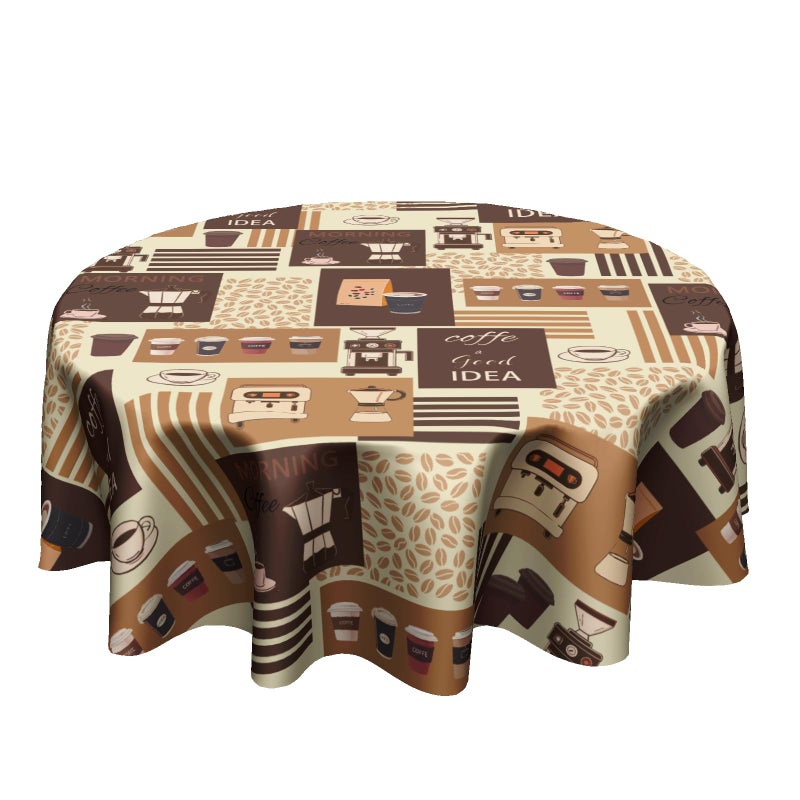 Granbey Classic Coffee Themed Table Cloth - Mocha Latte Milk Round Tablecloth Beige Brown Table Cover 60 Inch Decorative for Kitchen Dining Table Party - Image 1