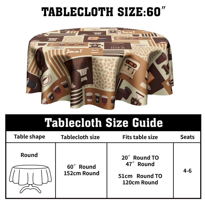 Granbey Classic Coffee Themed Table Cloth - Mocha Latte Milk Round Tablecloth Beige Brown Table Cover 60 Inch Decorative for Kitchen Dining Table Party - Image 2