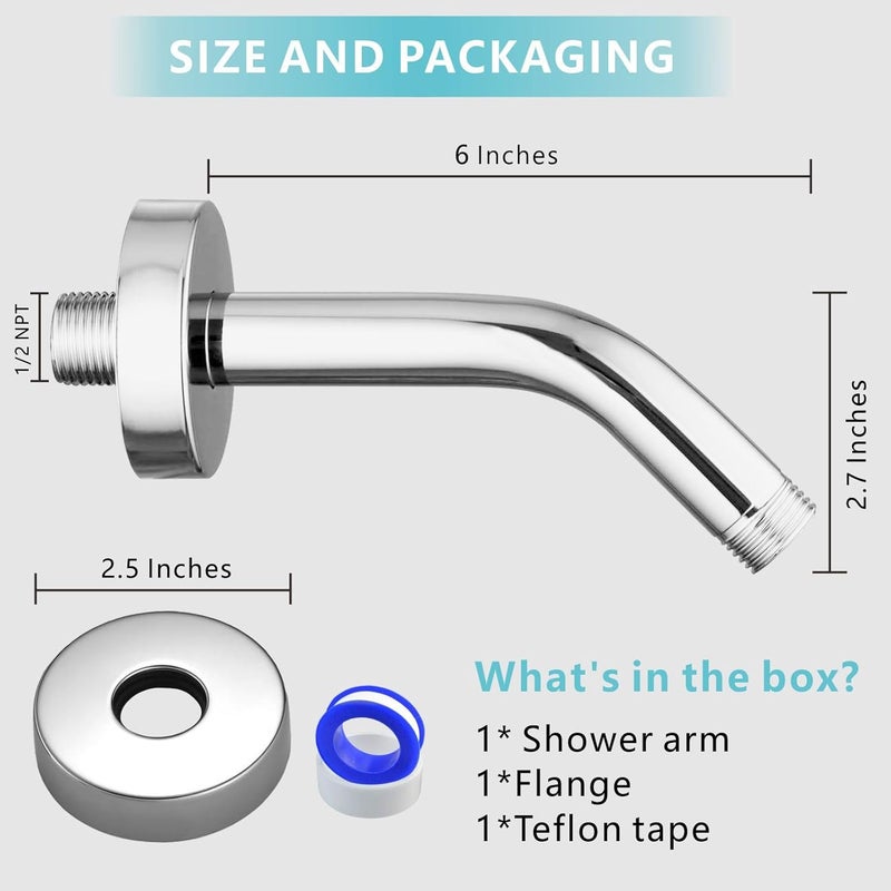 Nuodan Shower Arm with Flange, 6 Inches Wall Mount Replacement Shower Head Arm For Fixed Shower Head and Handheld Showerhead, Chrome - Image 2