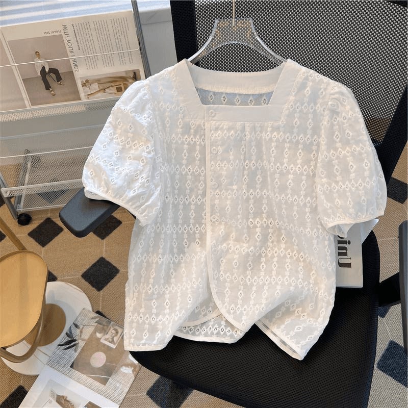 French Embroidery Floral Slit Puff Sleeve Short-Sleeved Shirt Top Feminine Loose Design Niche 2025 Summer - Image 1