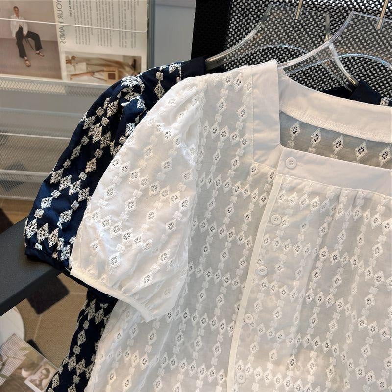 French Embroidery Floral Slit Puff Sleeve Short-Sleeved Shirt Top Feminine Loose Design Niche 2025 Summer - Image 5