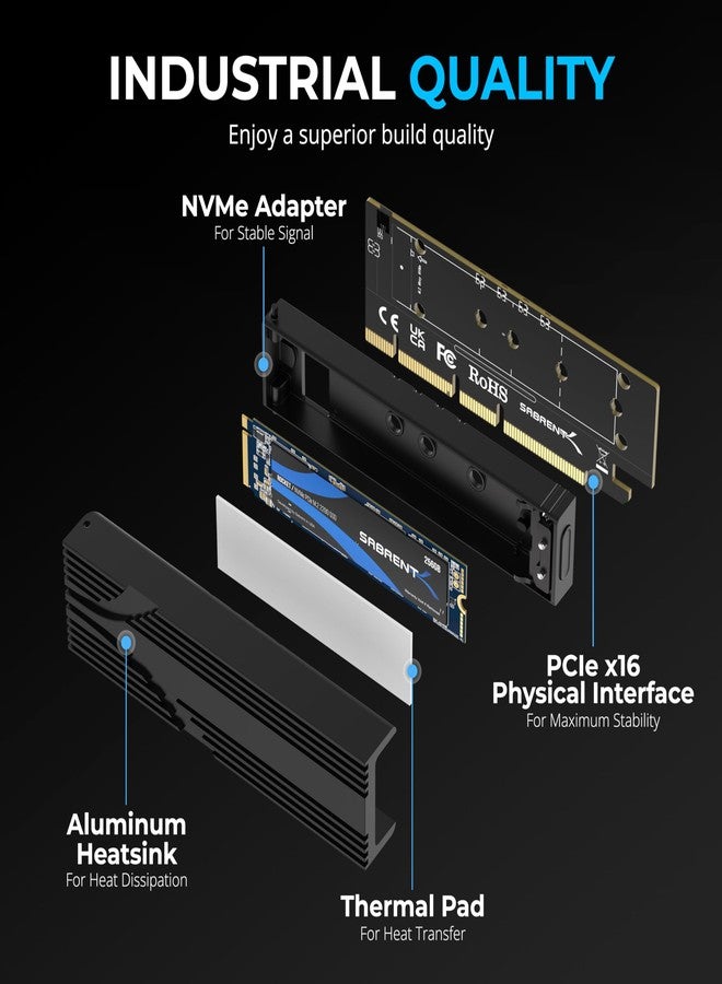 SABRENT M.2 NVMe SSD to PCIe x16 Tool-Free Add-in Card (AIC) with Aluminum Heatsink, M.2 PCIe Adapter for Gen5 SSDs PCIe 5.0, Backwards Compatible with Previous PCIe Generations (EC-TFPE) - Image 3