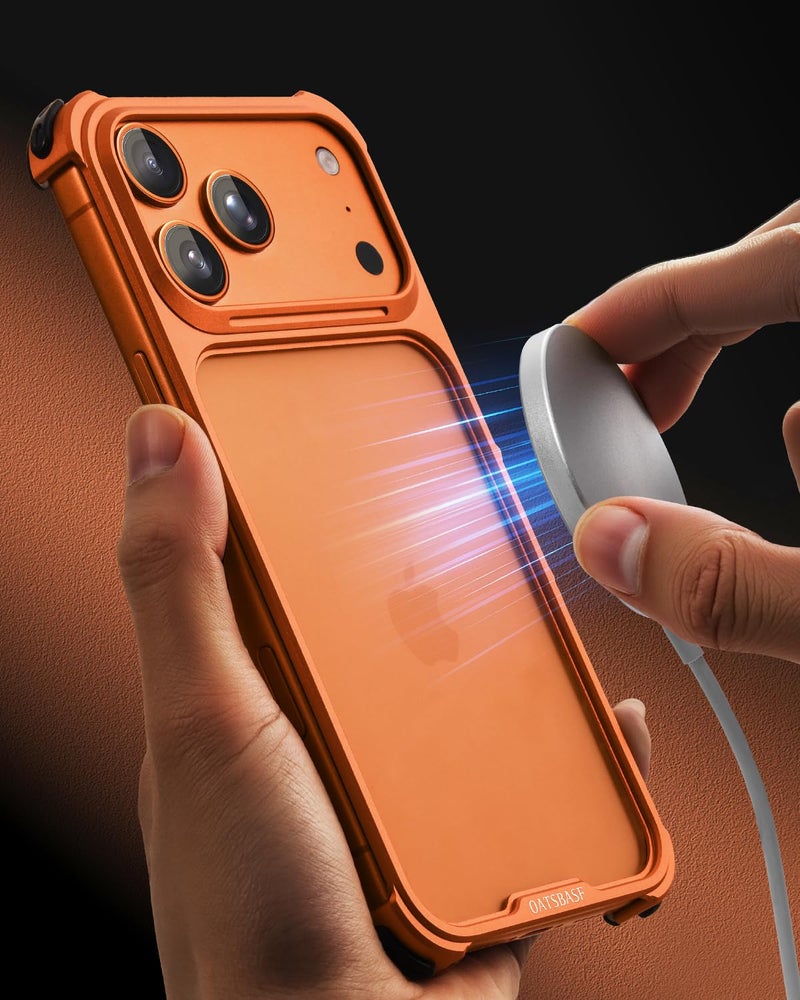 Oatsbasf حافظة OATSBASF لهاتف iPhone 17 Pro Max، إطار معدني ألومنيوم نحيف بدون ظهر، متوافقة مع MagSafe، حافظة مقاومة للصدمات لهاتف 6.9 بوصة، برتقالية - Image 4