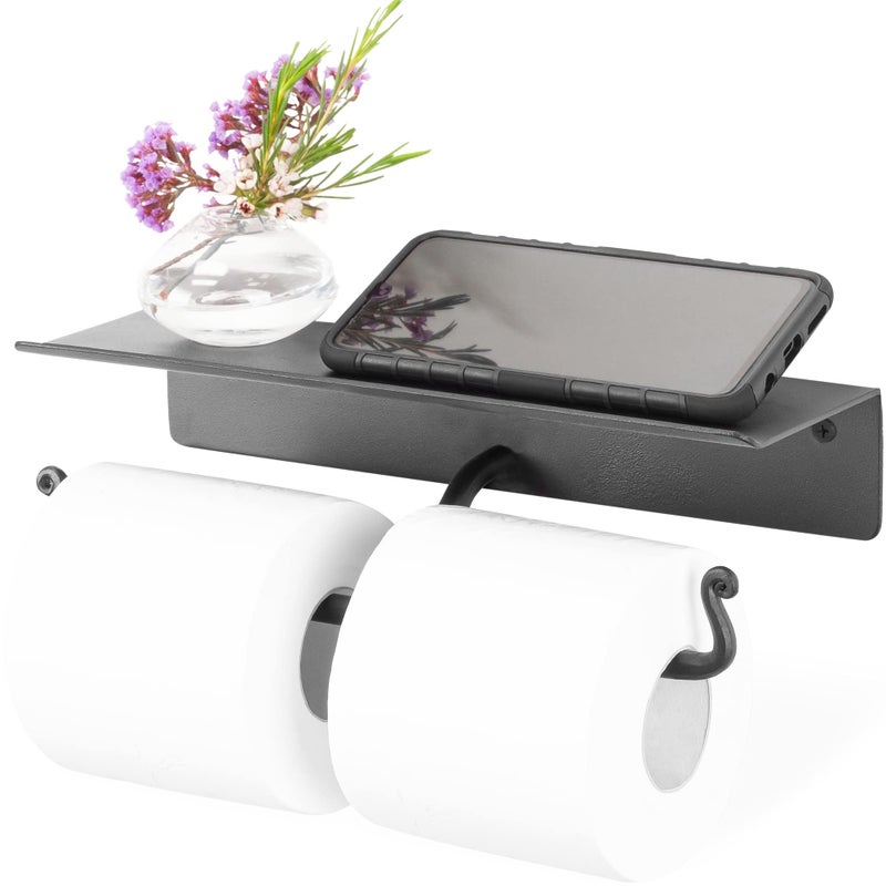 RTZEN Bathroom Toilet Paper Holder with Shelf  Handcrafted Rustic Wrought Iron Wall Decor Toilet Roll Holder  Black Matte Wall Mount Bar for Modern Farmhouse Bathroom Decor