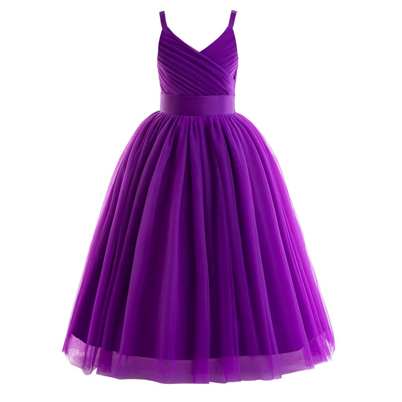 Glamulice Dark Purple Flower Girl Dresses for Wedding Junior Bridesmaid Holiday Pageant Tulle Party Gown 8 Plum Princess Birthday Evening Prom Ballgown Spaghetti Strap Kid Formal Dress Christmas - Image 1
