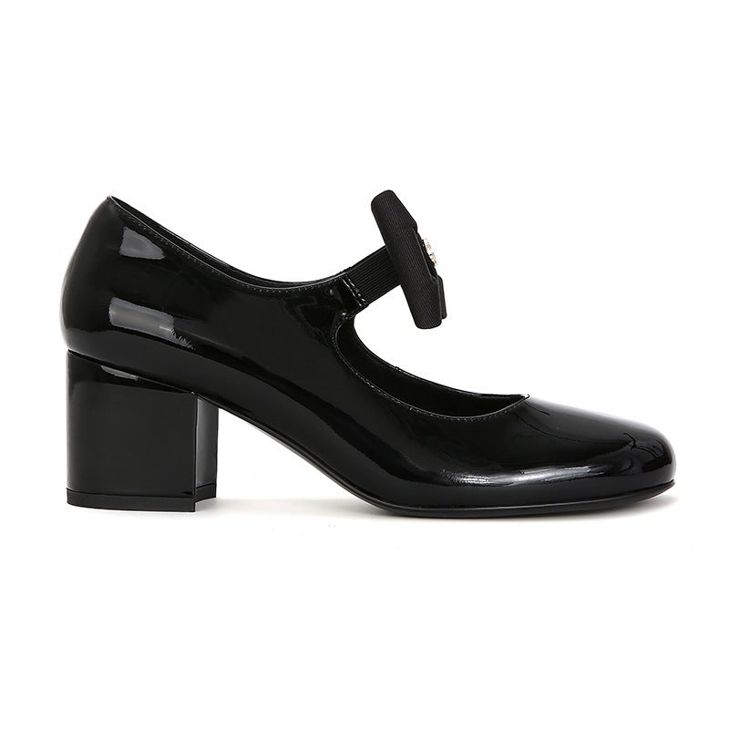 ~Grape Mom'S Same Style Madeleine~French Bow Round Toe Thick Heel Small Fragrant Mary Jane Leather Shoes - Image 1