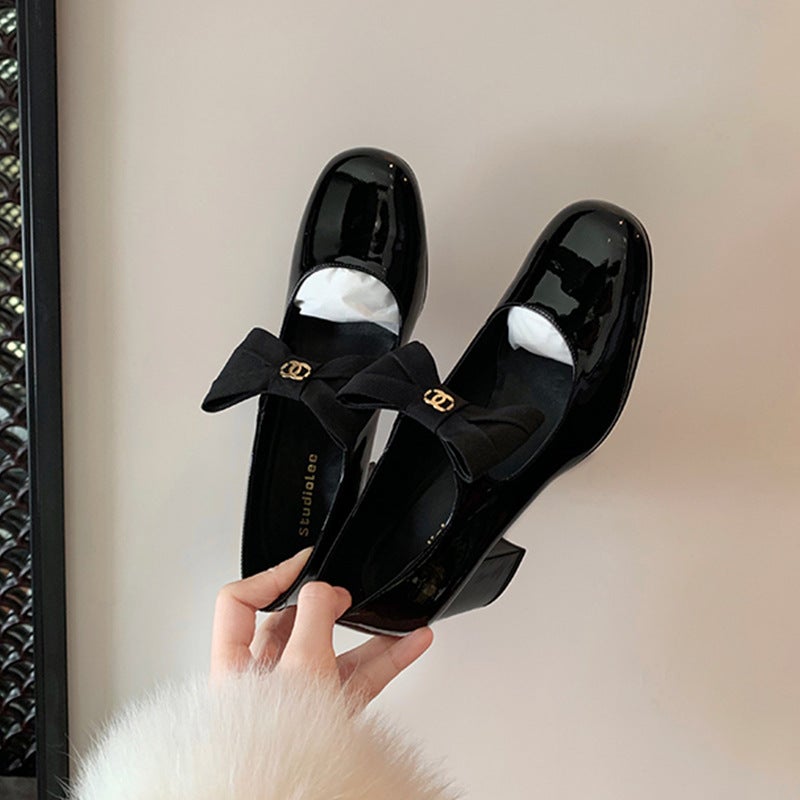 ~Grape Mom'S Same Style Madeleine~French Bow Round Toe Thick Heel Small Fragrant Mary Jane Leather Shoes - Image 4