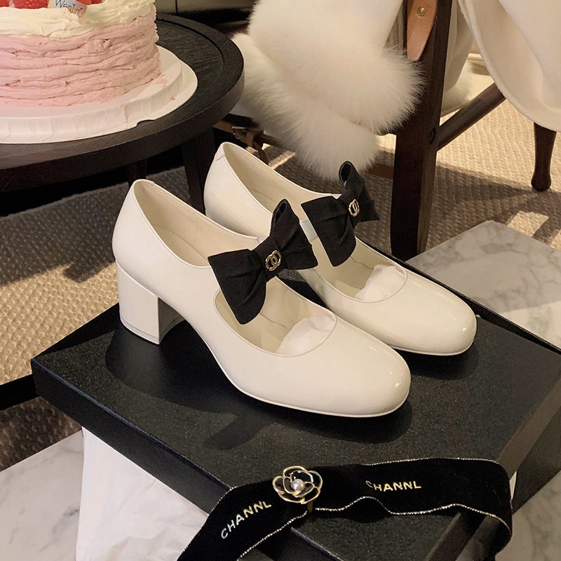 ~Grape Mom'S Same Style Madeleine~French Bow Round Toe Thick Heel Small Fragrant Mary Jane Leather Shoes - Image 3