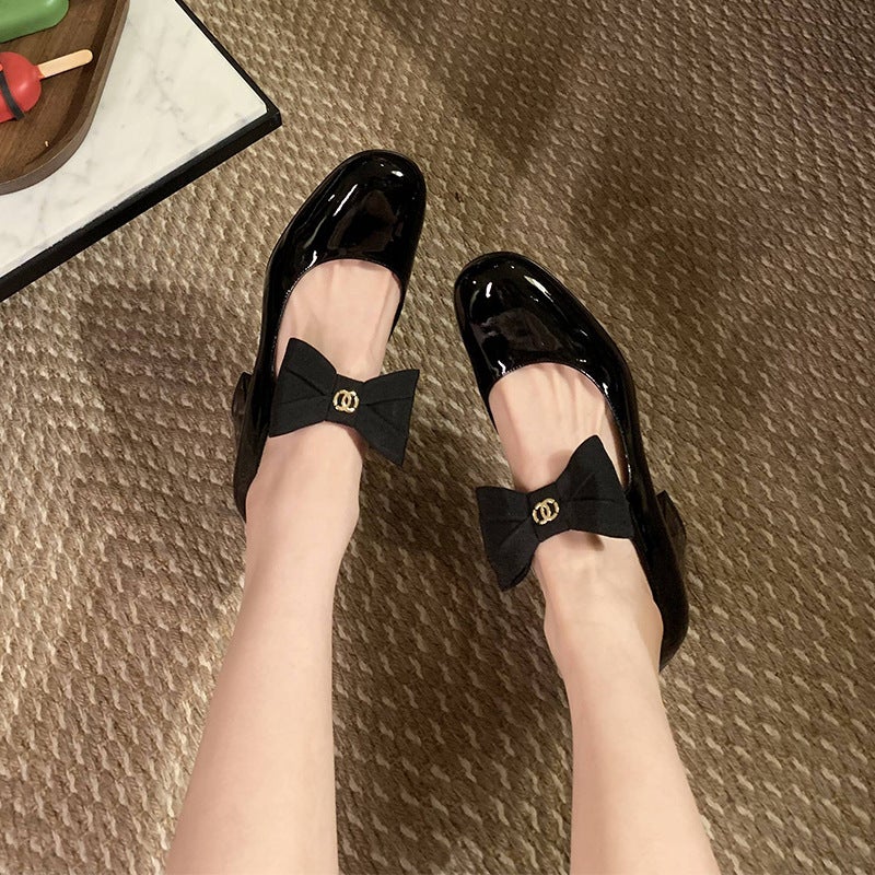 ~Grape Mom'S Same Style Madeleine~French Bow Round Toe Thick Heel Small Fragrant Mary Jane Leather Shoes - Image 2