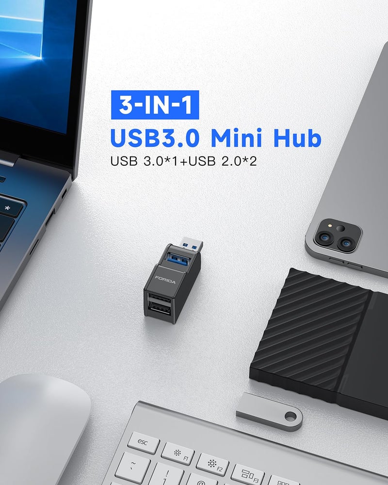 FORIDA 3 Ports USB Adapter, USB Hub with USB 3.0 and Double USB Adapter, Portable USB Splitter 1 in 3 Out for Keyborad, Mobile Hard Disk, U Disk, Camera, Mouse etc Laptop Accessories (Black) - Image 2