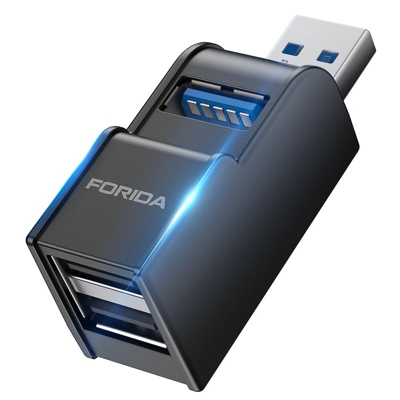 FORIDA 3 Ports USB Adapter, USB Hub with USB 3.0 and Double USB Adapter, Portable USB Splitter 1 in 3 Out for Keyborad, Mobile Hard Disk, U Disk, Camera, Mouse etc Laptop Accessories (Black) - Image 1