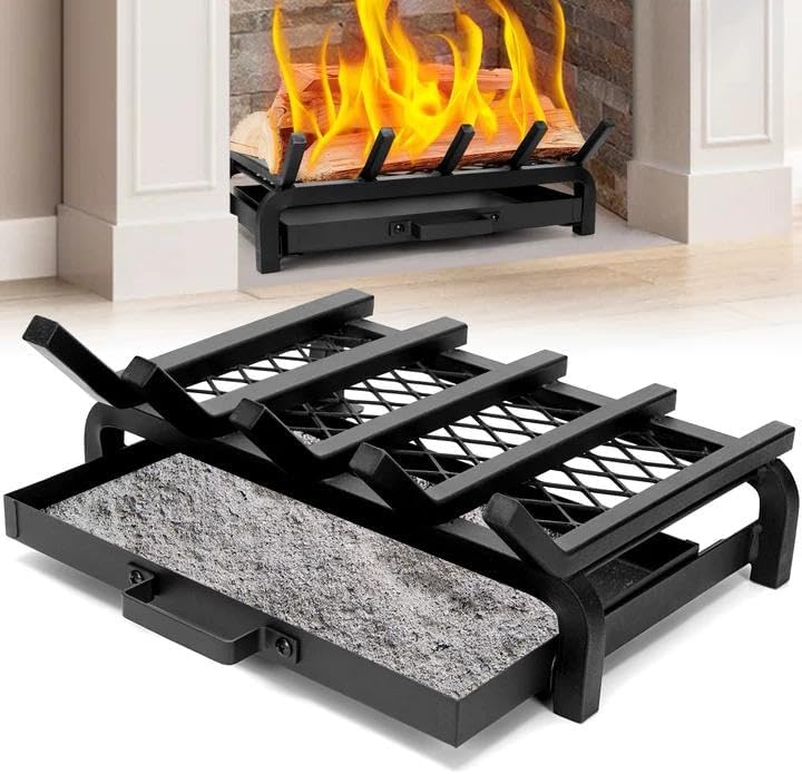 Loquat Fireplace Grate 17 Inch- Wood Stove Fireplace Log Grates Set with Ember  Ash Trays Pan, Heavy Duty Wrought Cast Iron Rack Holder Pit for Indoor Outdoor Chimney Hearth - Image 1