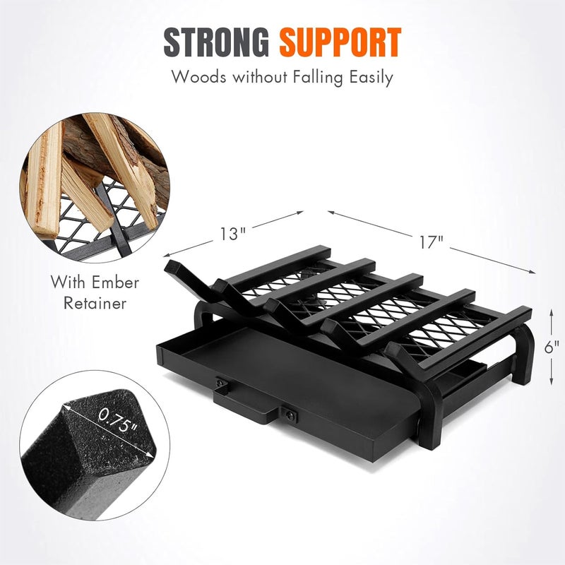 Loquat Fireplace Grate 17 Inch- Wood Stove Fireplace Log Grates Set with Ember  Ash Trays Pan, Heavy Duty Wrought Cast Iron Rack Holder Pit for Indoor Outdoor Chimney Hearth - Image 4